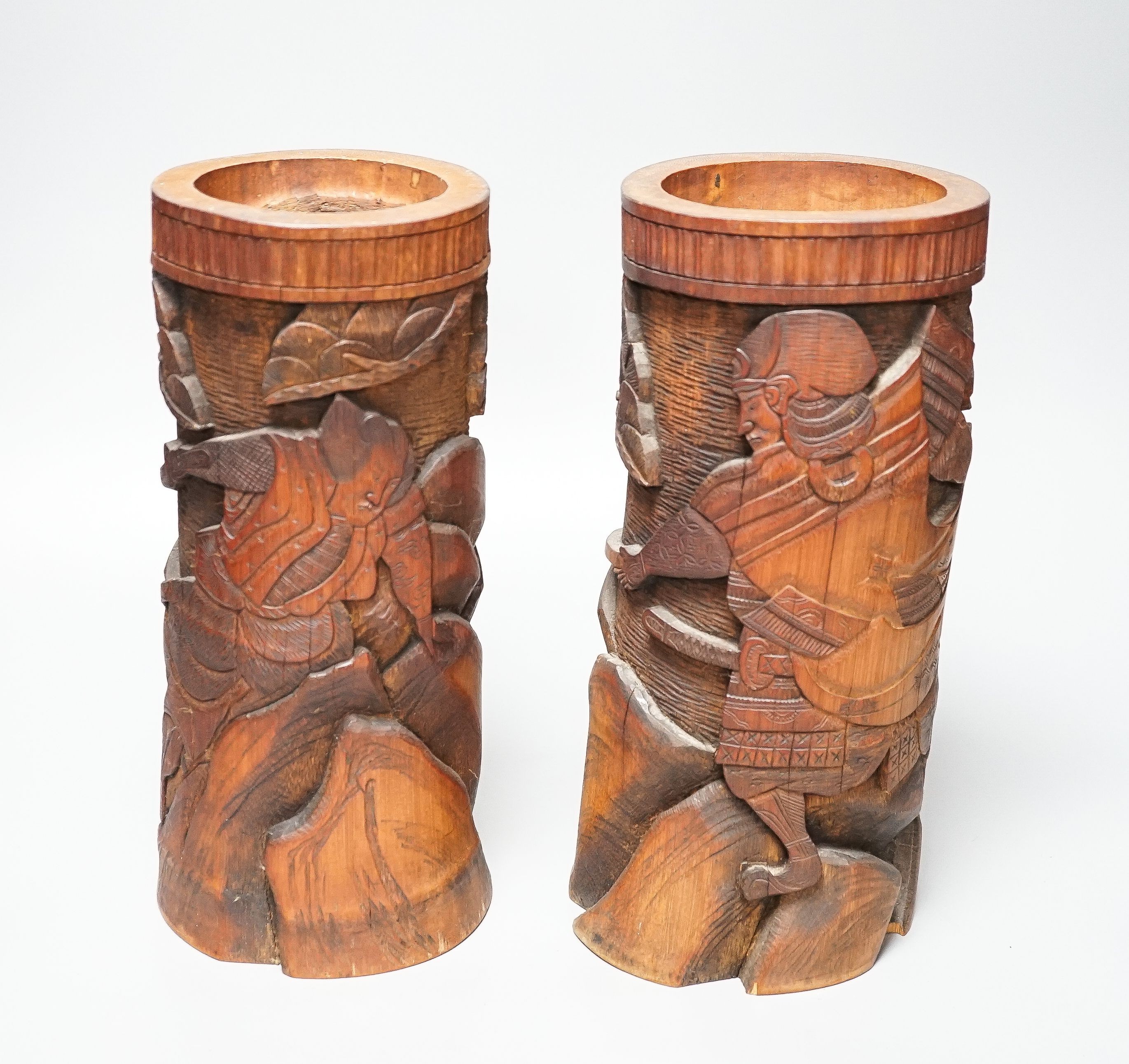 A pair of Japanese carved bamboo brushpots 27cm